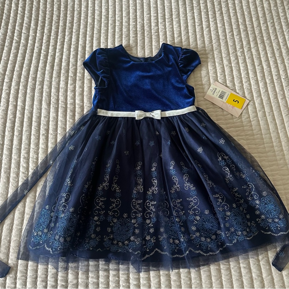 Elegant Blue Velvet Dress with Silver Bow